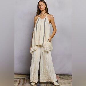 POL Lace Ruffle Halter Neck Double Gauze Top with Crochet Patch🆕